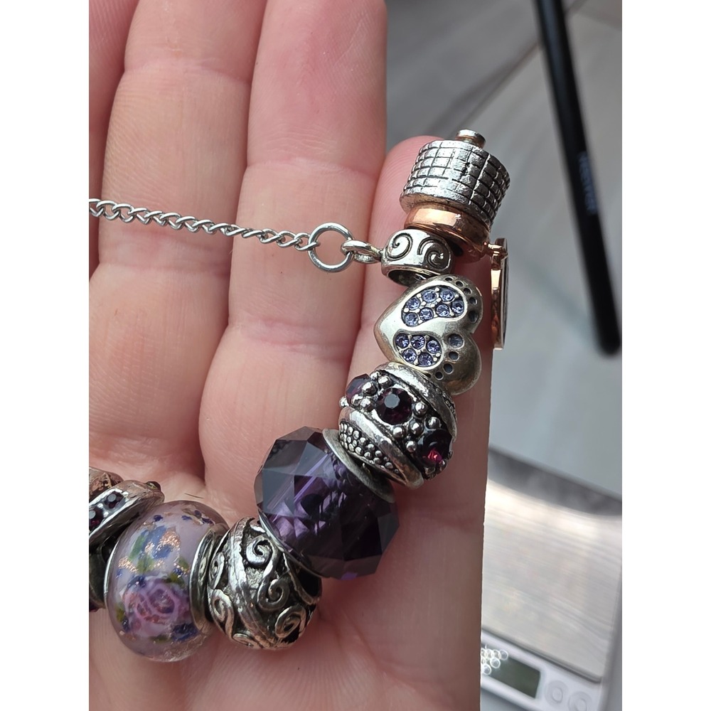 Sterling Silver Charm Bracelet Purple Murano Glass Pave Crystal Beads Yakira 48g - Picture 16 of 16